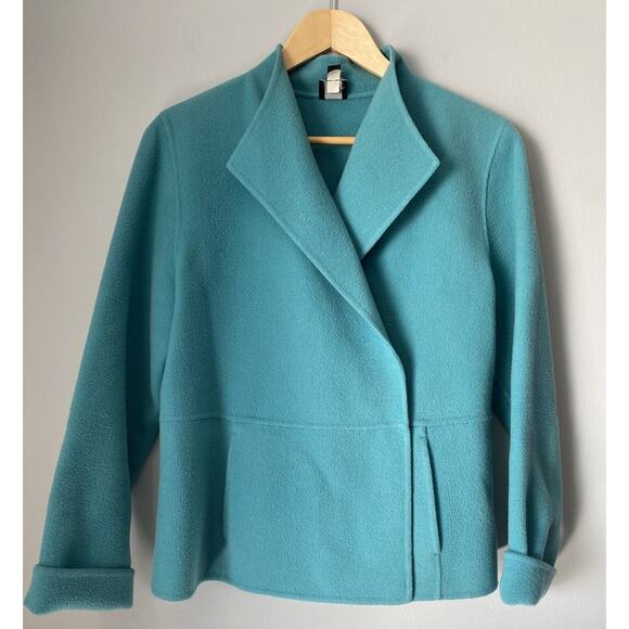 Eileen Fisher Double Breasted Wool Cashmere Blend Blazer Size M Green * Flaw* - Picture 3 of 11